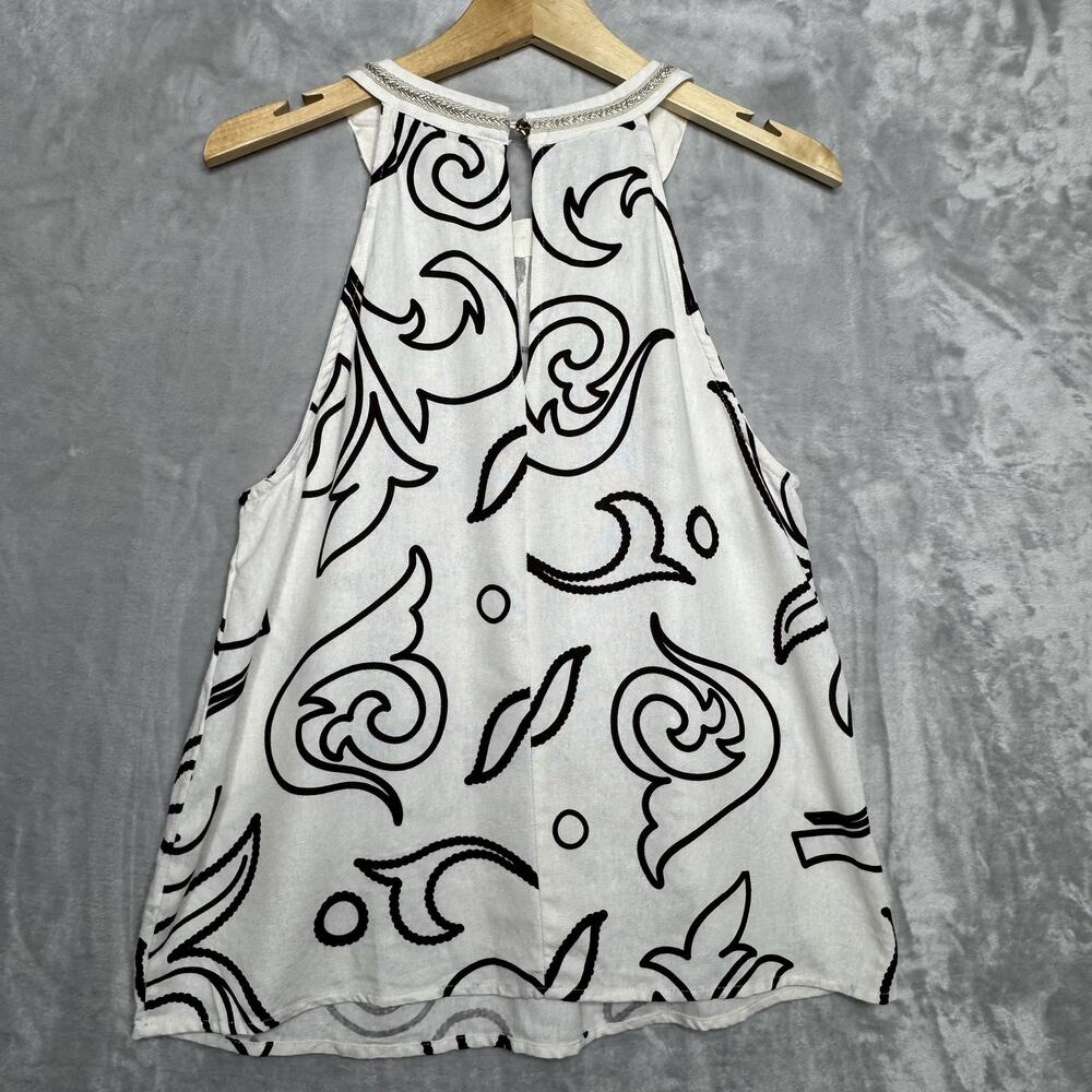 Rich & Famous Tank Top Womens Medium White Brown Paisley Halter Beaded Trim - Picture 2 of 7